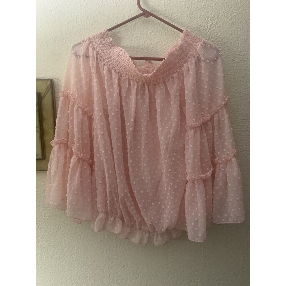 Polka Dot Chiffon Blouse LargeOff Shoulder 3/4 Bell Sleeve Shabby Y2K 70’s Style